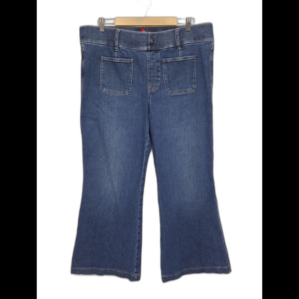 Spanx Flare Blue Jeans Pull On Womens 2X Plus High Rise Patch Pockets Stretch